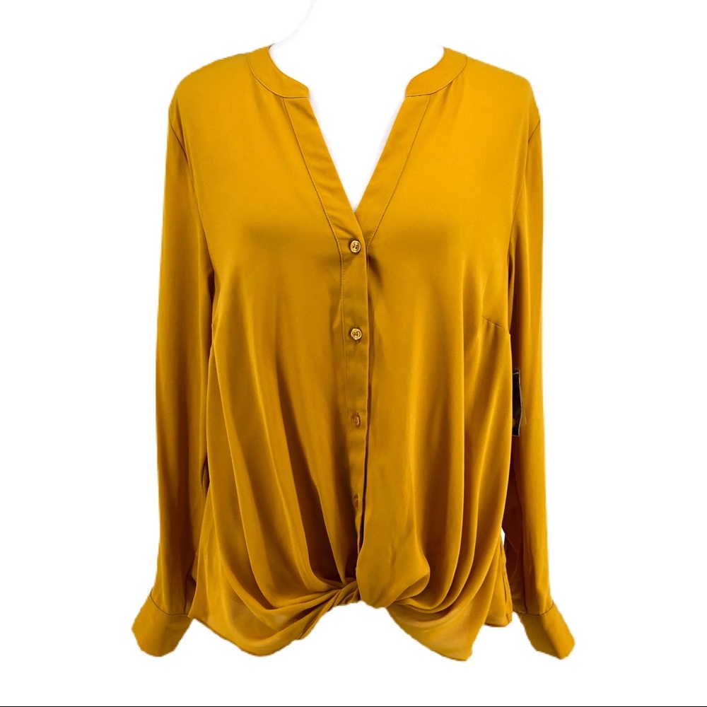 INC Gold Yellow Long Sleeve Notched Neck Blouse - Picture 1 of 7